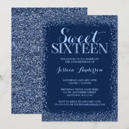 Navy Blue Faux Glitter Sweet 16 Birthday Kaart (Voorkant / Achterkant)