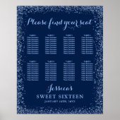 Navy Blue Faux Glitter Sweet 16 Zitplaatskaart Poster (Voorkant)