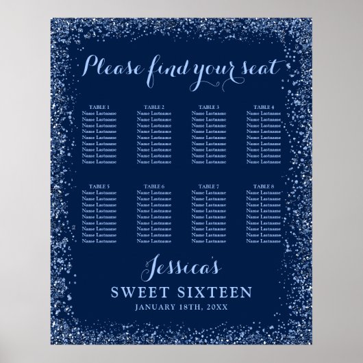 Navy Blue Faux Glitter Sweet 16 Zitplaatskaart Poster (Voorkant)