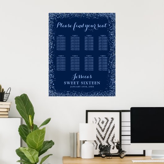 Navy Blue Faux Glitter Sweet 16 Zitplaatskaart Poster (Thuiskantoor)