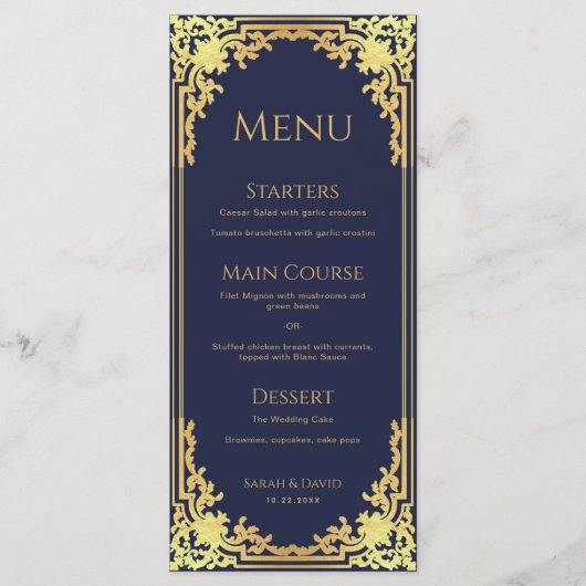  Navy Blue Faux Gold Elegant Wedding Menu (Voorkant)