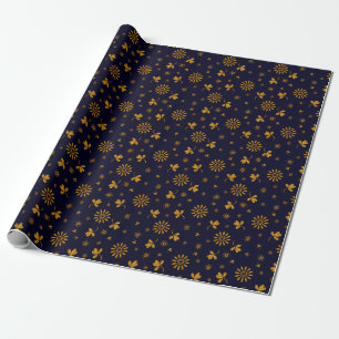 Navy Blue Faux Gold Foil Floral Leaves Cadeaupapier