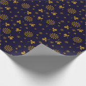 Navy Blue Faux Gold Foil Floral Leaves Cadeaupapier (Hoek)