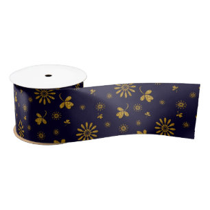 Navy Blue Faux Gold Foil Floral Leaves Satijnen Lint