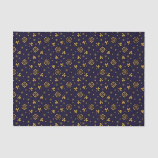 Navy Blue Faux Gold Foil Floral Leaves Tissuepapier (Voorkant)