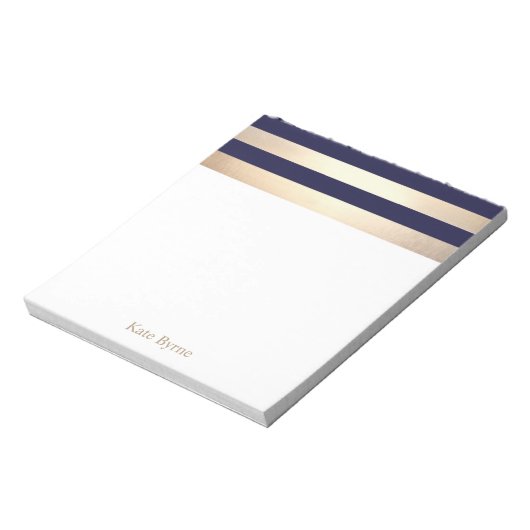Navy Blue Faux Gold Foil Stripes Name Notitieblok (Linkerzijde)