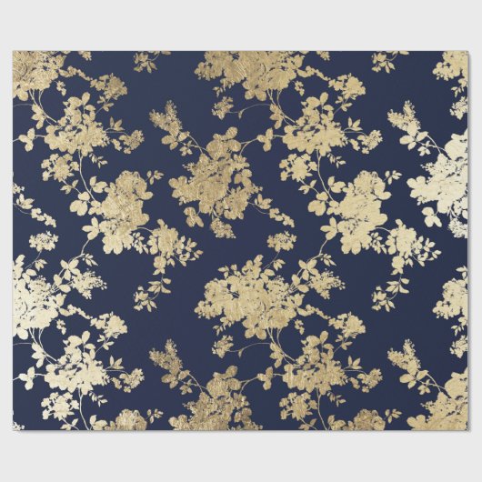 Navy blue faux goudshabby  chic floral cadeaupapier (Vlak)