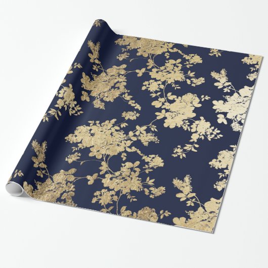 Navy blue faux goudshabby  chic floral cadeaupapier (Uitgerold)