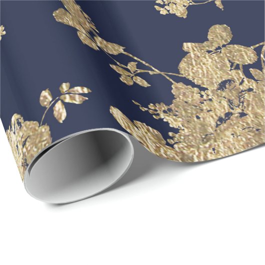 Navy blue faux goudshabby  chic floral cadeaupapier (Rol Hoek)