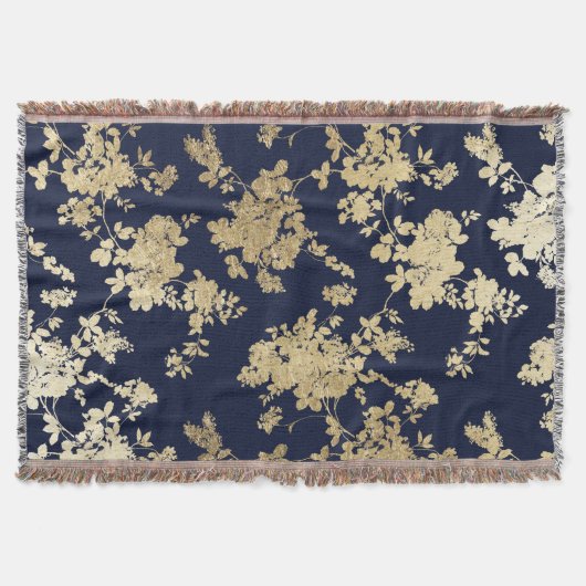 Navy blue faux goudshabby  chic floral deken (Voorkant)
