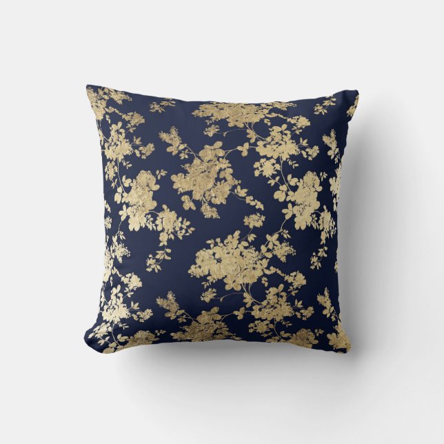 Navy blue faux goudshabby  chic floral kussen (Voorkant)