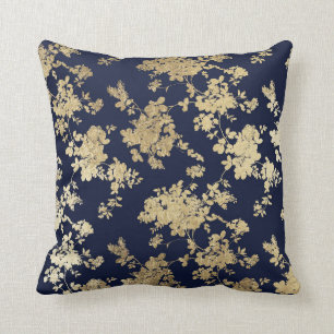 Navy blue faux goudshabby  chic floral kussen