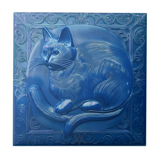 Navy Blue faux relief Art Nouveau Cat Tegeltje (Voorkant)