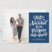 Navy Blue Feliz Navidad Script Kerstfoto Feestdagenkaart (Voorkant)