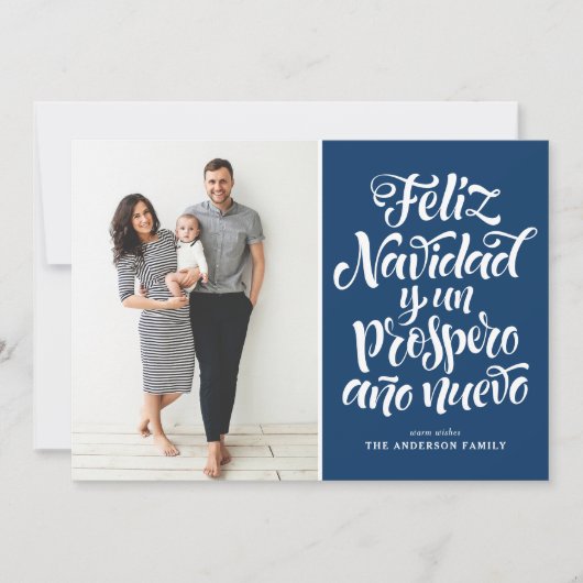 Navy Blue Feliz Navidad Script Kerstfoto Feestdagenkaart (Voorkant)