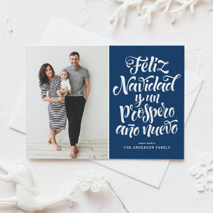 Navy Blue Feliz Navidad Script Kerstfoto Feestdagenkaart