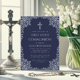Navy Blue First Communion Boy  Grey Leaves Kaart