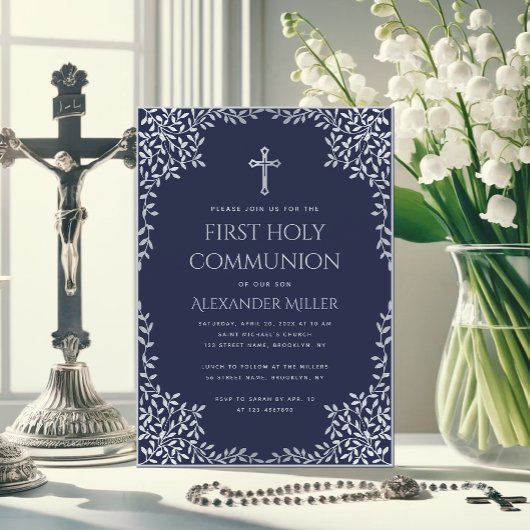 Navy Blue First Communion Boy  Grey Leaves Kaart