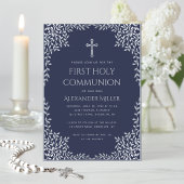 Navy Blue First Communion Boy  Grey Leaves Kaart