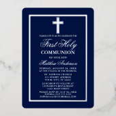 Navy Blue First Heilige Commune Cross Silver Folie Uitnodiging (Voorkant)