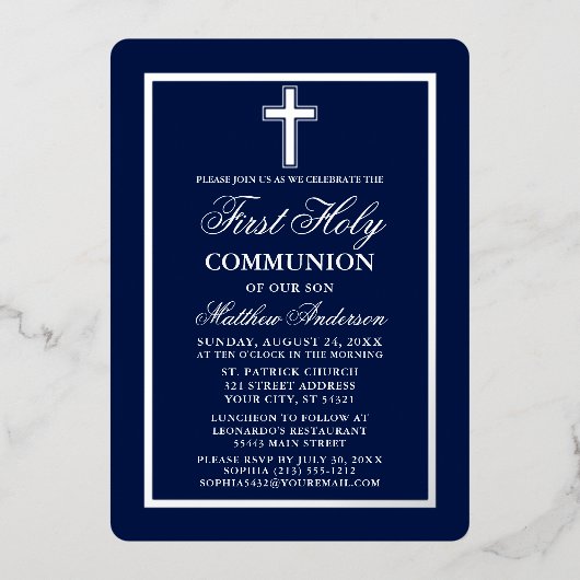 Navy Blue First Heilige Commune Cross Silver Folie Uitnodiging (Voorkant)