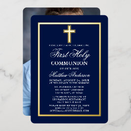 Navy Blue First Heilige Commune Foto Cross Gold Folie Uitnodiging