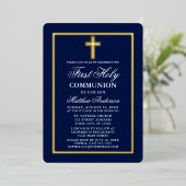Navy Blue First Heilige Commune Foto Cross Gold Folie Uitnodiging (Staand Voorkant)