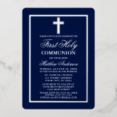 Navy Blue First Heilige Commune Foto Cross Silver Folie Uitnodiging (Voorkant)