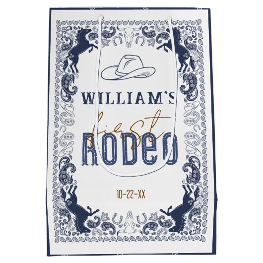 Navy Blue First Rodeo Verjaardag Gift Bag – Wester Medium Cadeauzakje (Achterkant)