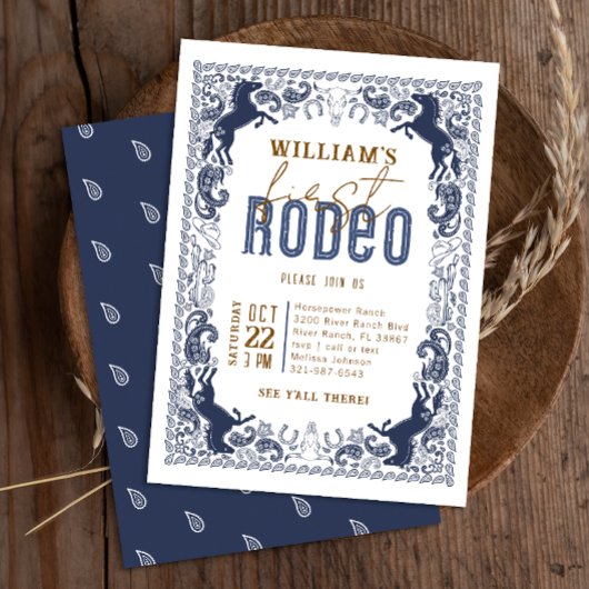Navy Blue First Rodeo Verjaardag Western Kaart