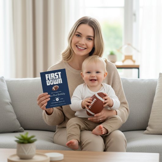 Navy Blue "First Year Down" Football Birthday  Kaart