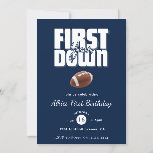 Navy Blue "First Year Down" Football Birthday  Kaart (Voorkant)