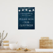 Navy Blue Fleur de Lis Fairy Light | Weddenschap Poster (Keuken)