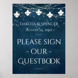 Navy Blue Fleur de Lis Fairy Light | Weddenschap Poster