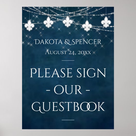 Navy Blue Fleur de Lis Fairy Light | Weddenschap Poster (Voorkant)