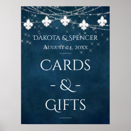 Navy Blue Fleur de Lis Fairy Light | Weddenschap Poster