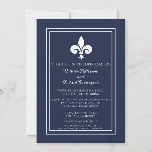 Navy Blue Fleur de Lis Huwelijksuitnodiging Kaart (Voorkant)