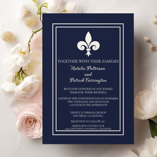Navy Blue Fleur de Lis Huwelijksuitnodiging Kaart