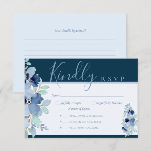 Navy Blue Floral 3,5" x 5" Response Kaart (Voorkant / Achterkant)