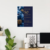 Navy Blue Floral 50th Jubileum Welkom Teken Poster (Thuiskantoor)
