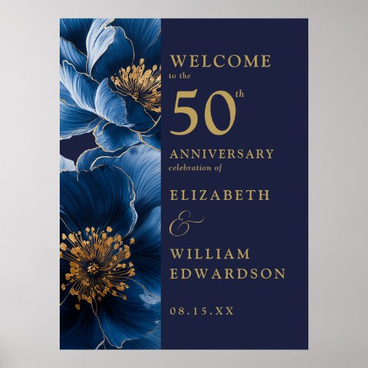 Navy Blue Floral 50th Jubileum Welkom Teken Poster (Voorkant)