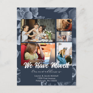 Navy Blue Floral 5 foto's Moving Announge Briefkaart
