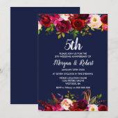 Navy Blue Floral 5th Wedding Jubileum Invite Kaart (Voorkant / Achterkant)