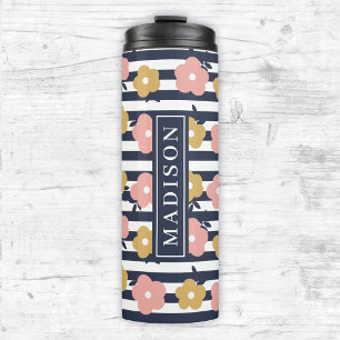 Navy Blue Floral aangepaste naam Sjabloon Thermosbeker