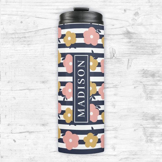Navy Blue Floral aangepaste naam Sjabloon Thermosbeker