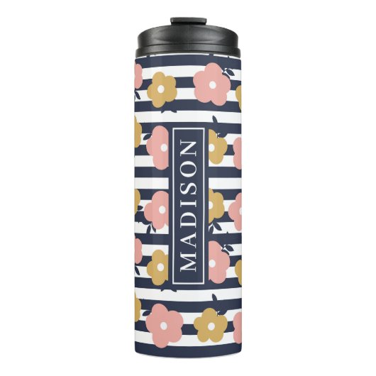 Navy Blue Floral aangepaste naam Sjabloon Thermosbeker (Voorkant)