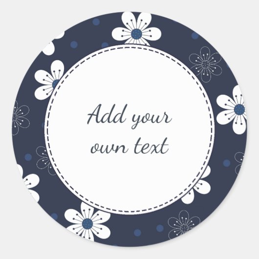 Navy Blue  Floral aangepaste tekst Ronde Sticker (Voorkant)