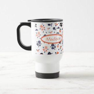 Navy Blue Floral Aangepersonaliseerde naam Modern Reisbeker