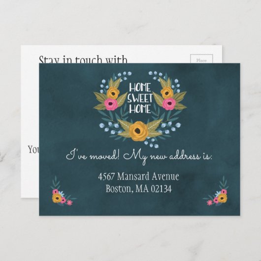 Navy Blue Floral Adreswijziging Aankondigingskaart (Voorkant / Achterkant)