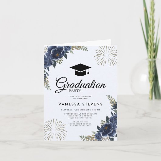 Navy Blue Floral Afstuderen Graduation Cap Party (Voorkant)